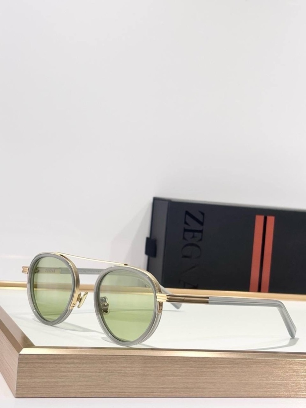 Ermenegildo Zegna Gold-Trim Round Sunglasses with Green Lenses